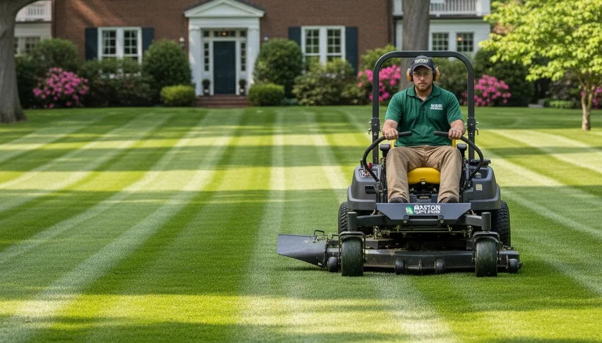 A lawn crew mowing a striped lawn