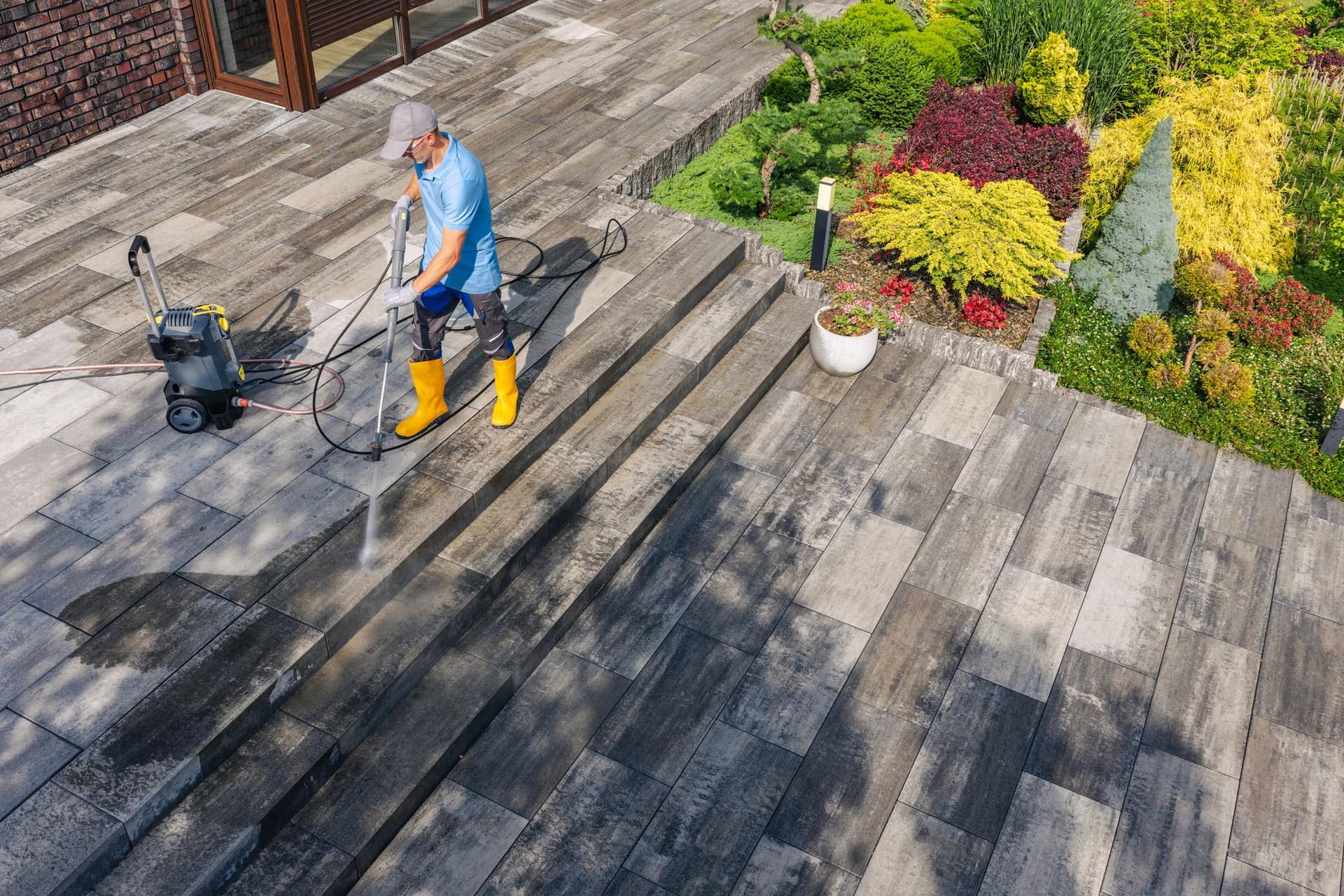 A worker pressure washing a deck